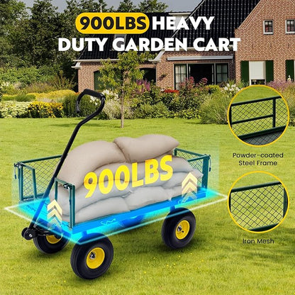Steel Garden Cart, 2-in-1 Heavy Duty Utility Wagon 900 LBS Capacity Carts with Removable Mesh Sides to Convert into Flatbed, 240° U-Turn 10" Pneumatic Tires Garden Wagon for Lawn Camping Farm Yard