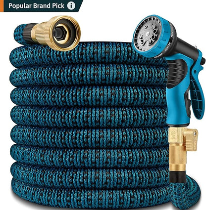200 ft Expandable Garden Hose - Water Hose w/10 Function Spray Nozzle, Lightweight, No-Kink Flexible Hose with 3/4" Brass Fittings and 4-Layer Latex Core, 200ft Retractable Stretch Hose (Blue Black)