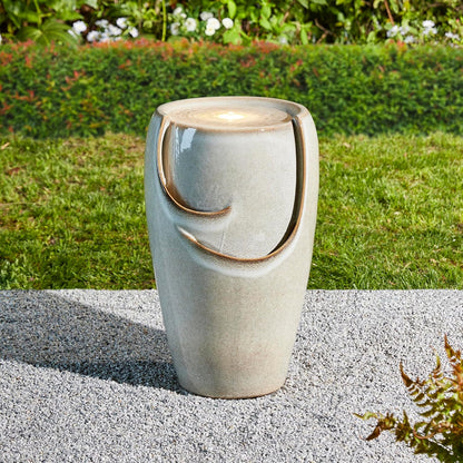 Glitzhome 21.25" H Ceramic Vase Outdoor Water Fountain Tall Patio Garden Water Fountain with LED Light and Submersible Pump Yard Art Decor, Sand Beige