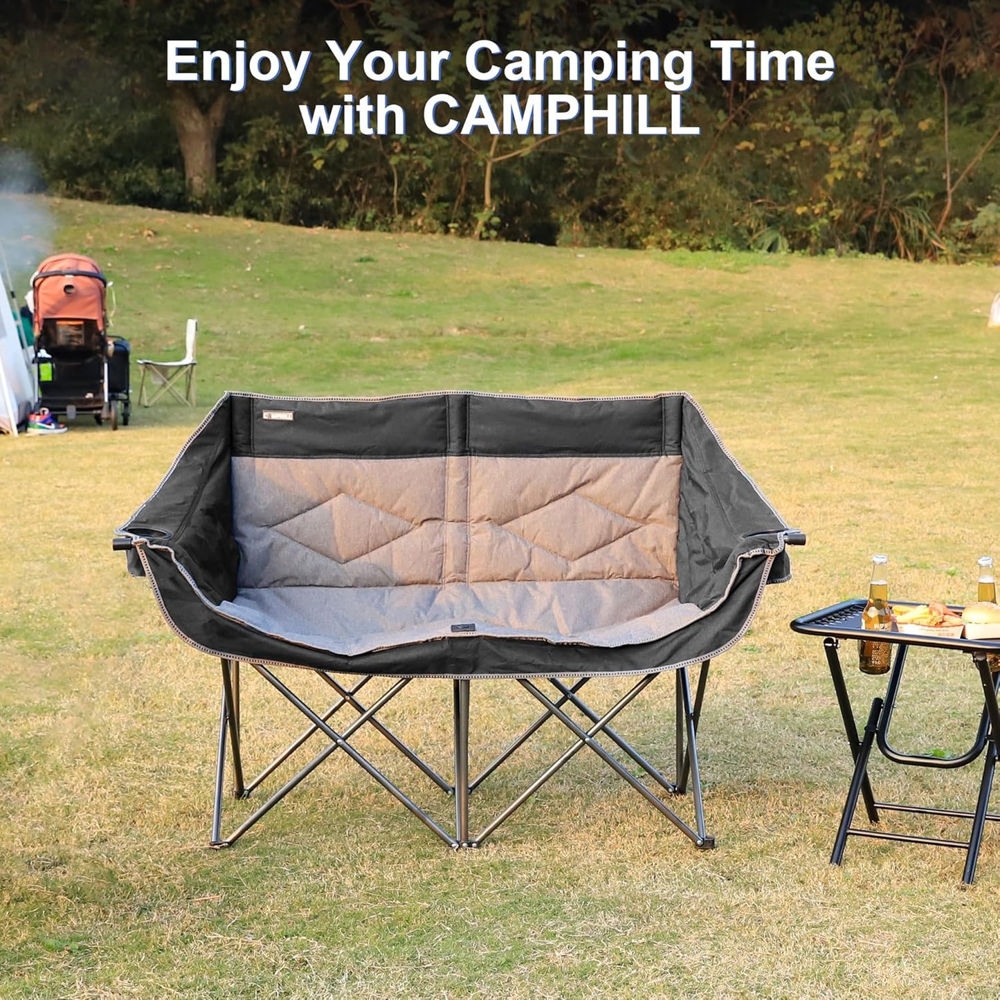 Oversized Double Camping Chair-Heavy Duty 2 Person Folding Loveseat Camp Couch for Adults,Portable Outdoor Lawn Chairs with Padded Seat for Fishing,Sports and Patio,Supports 500 LBS,Black