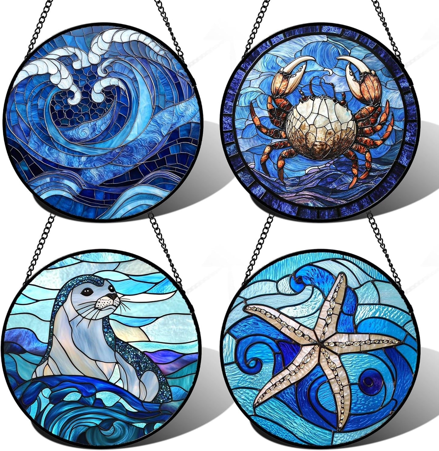 Stained Glass Window Hanging 4 Pcs Set Blue Ocean Waves Large 15" - Starfish Crab Seal Suncatcher Door Garden Sun Catcher Decor Birthday for Mom Woman Nana Men Friend