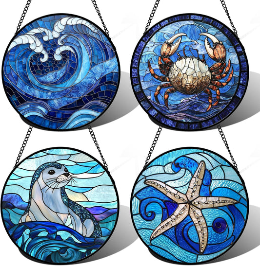 Stained Glass Window Hanging 4 Pcs Set Blue Ocean Waves Large 15" - Starfish Crab Seal Suncatcher Door Garden Sun Catcher Decor Birthday for Mom Woman Nana Men Friend
