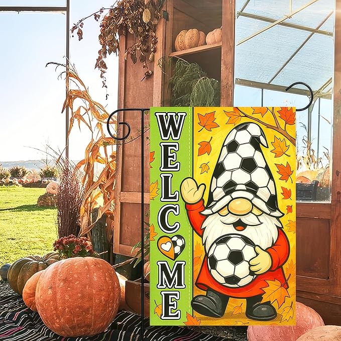 Thanksgiving Fall Garden Flag 12x18 Inch Welcome Gnome Flag Double Sided Outdoor Autumn Yard Banner Soccer Ball and Leaves for Porch Lawn Patio Seasonal Decor