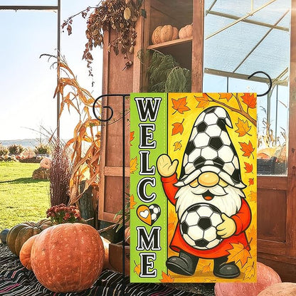 Thanksgiving Fall Garden Flag 12x18 Inch Welcome Gnome Flag Double Sided Outdoor Autumn Yard Banner Soccer Ball and Leaves for Porch Lawn Patio Seasonal Decor