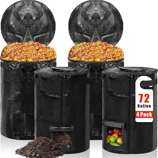Berlune 4 Pack 72 Gallons Reusable Yard Waste Bag Garden Lawn Leaf Collector Bag Large Heavy Duty Collapsible Compost Bin with Lid and Handles for Outdoor Debris Leaves Grass Clippings