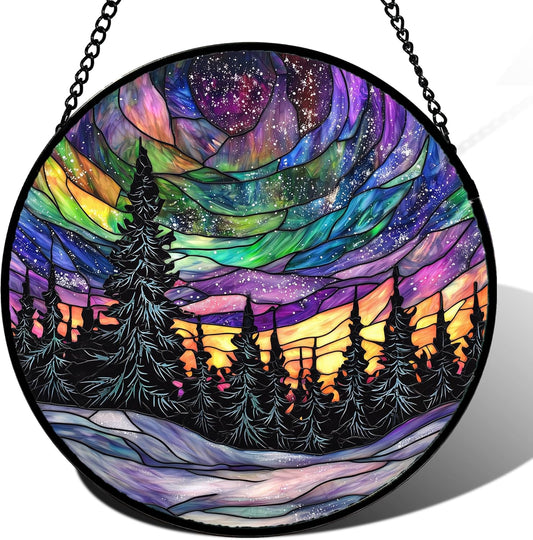 Stained Glass Window Hanging, Van Gogh Night Scene Sun Catchers Colorful Glass Panel Starry Sky Suncatcher Decor for Birthday for Women, Men, Wife, Aunt, and Mom 14.9x14.9 in