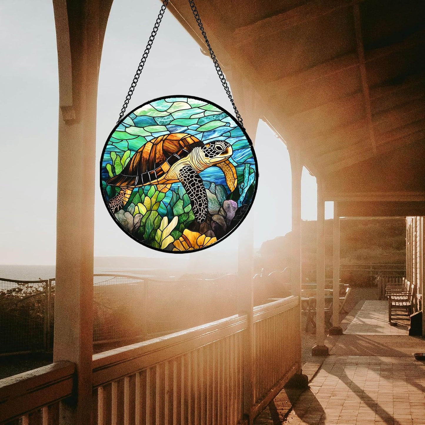Stained Glass Window Hanging - Cute Sea Turtle Suncatcher for Door Garden Yard Blue Ocean Sun Catchers Decor Christmas Mother's Day Birthday Children's Gifts for Women Mom Nana Friend 11.8 in