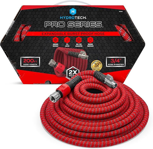 HydroTech 200 ft Expandable Garden Hose - Pro Series, 2x Max Flow, 3/4" No-Kink Flexibility, Lightweight Hose for Lawn, Garden, Car Washing, Deck and Patio Cleaning