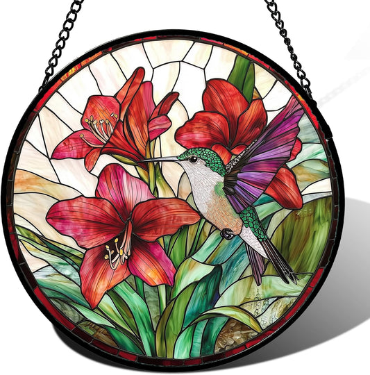 Stained Glass Window Hanging - Hummingbird On Red Lily Flower Sun Catcher for Door Garden Decor Suncatcher Christmas Mother's Day Birthday Gifts for Bird Lovers Women Men Mom Nana 7.8 in