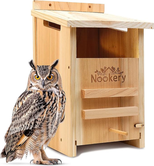 Owl House for Outdoors – Premium Large Cedar Nesting Box – Prebuilt Wooden Birdhouse for Screech Owls – Easy to Hang with Two Hanger Brackets, Mounting Screws & Cedar Shavings