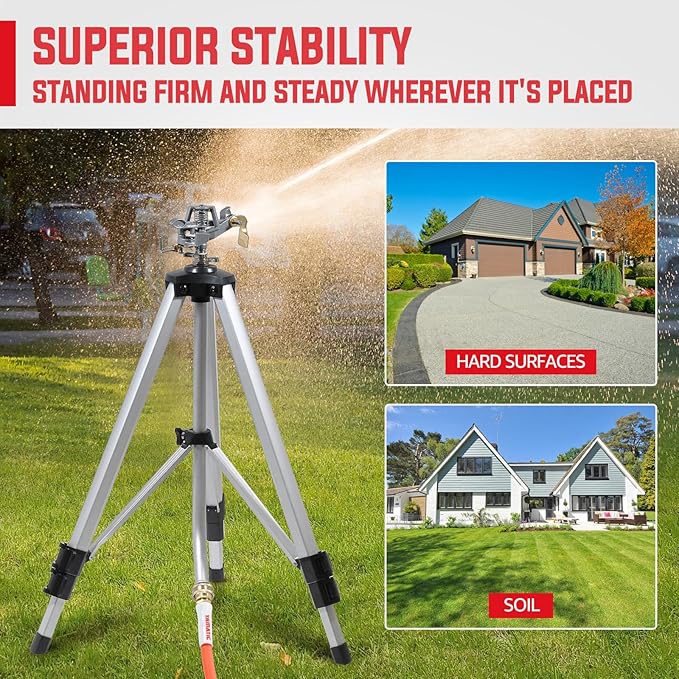 YAMATIC 2 Pcs Impact Sprinkler on Adjustable Tripod Base, 360 Degree Large Area, Heavy Duty Adjustable Pulsator Sprinkler for Lawn, Yard and Grass Irrigation, Spray up to 20-90ft