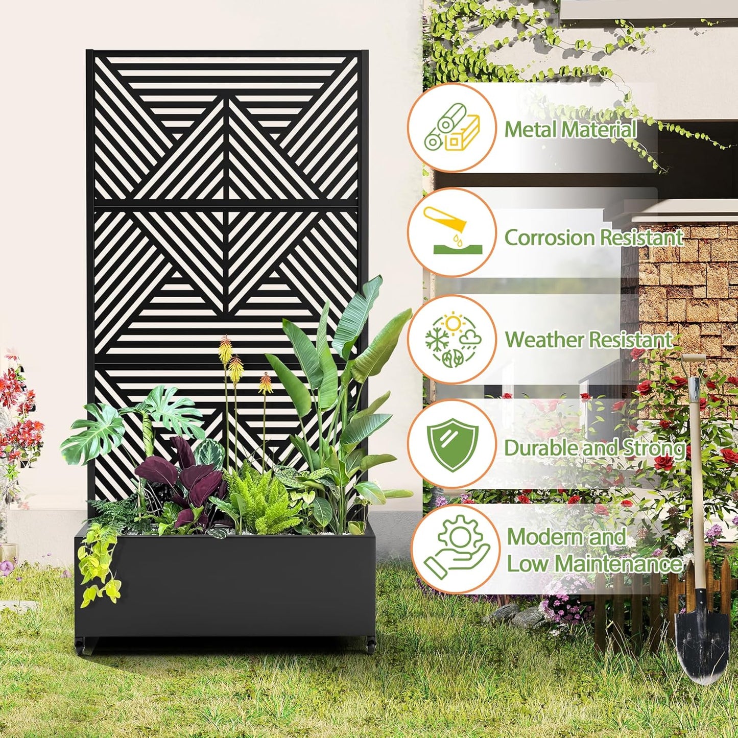 Raised Garden Bed with Trellis and Wheels,73"x35"x16" Metal Raised Garden Bed,Black Diamond Metal Planter with Climbing Trellis for Vines & Vegetables