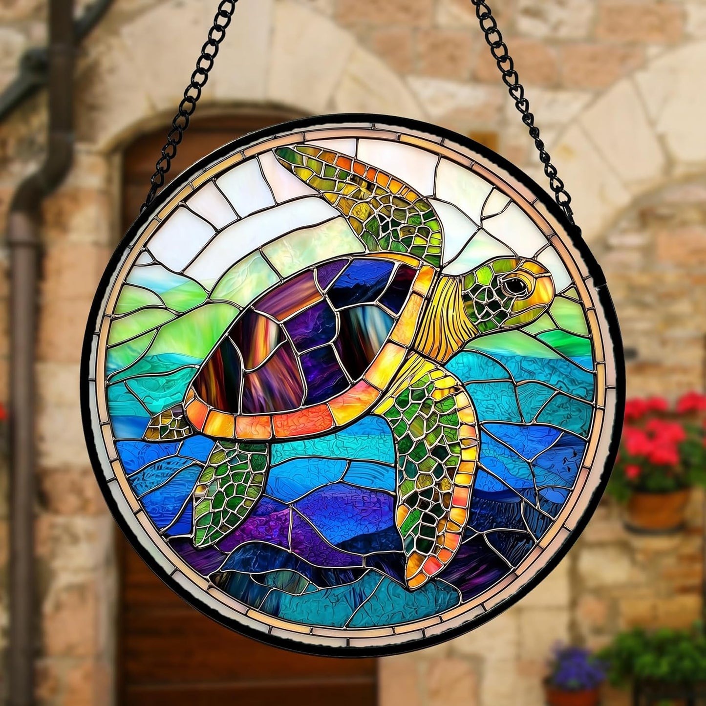Stained Glass Window Hanging, Colored Turtle Ocean Suncatcher Diamond Glass Panel Hangings Marine Life Sun Catchers Decor for Birthday for Women, Men, Wife, Aunt, Mom 6.3 in