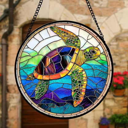 Stained Glass Window Hanging, Colored Turtle Ocean Suncatcher Diamond Glass Panel Hangings Marine Life Sun Catchers Decor for Birthday for Women, Men, Wife, Aunt, Mom 15x15 in