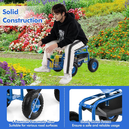Goplus Rolling Garden Seat with Wheels, Outdoor Gardening Scooter with 360° Swivel Seat, Tool Tray & Basket, Adjustable Steering Handle for Lawn, Gardening Stool, Garden Cart for Planting