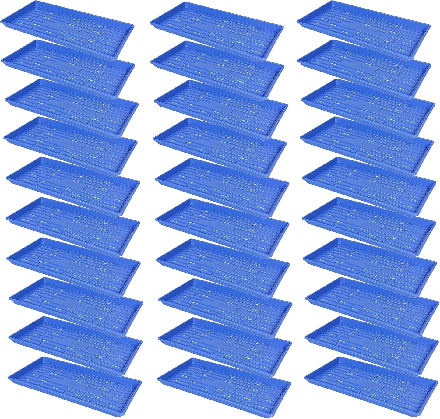 SUNPACK 10" x 20" Heavy Duty Shallow Plastic Seed Starting Tray, Blue, 1" (Pack of 30) - Lined with Drainage Holes for Excess Water and Aeration, Ideal for Greenhouses or Indoor Gardening