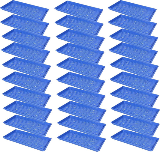 SUNPACK 10" x 20" Heavy Duty Shallow Plastic Seed Starting Tray, Blue, 1" (Pack of 30) - Lined with Drainage Holes for Excess Water and Aeration, Ideal for Greenhouses or Indoor Gardening
