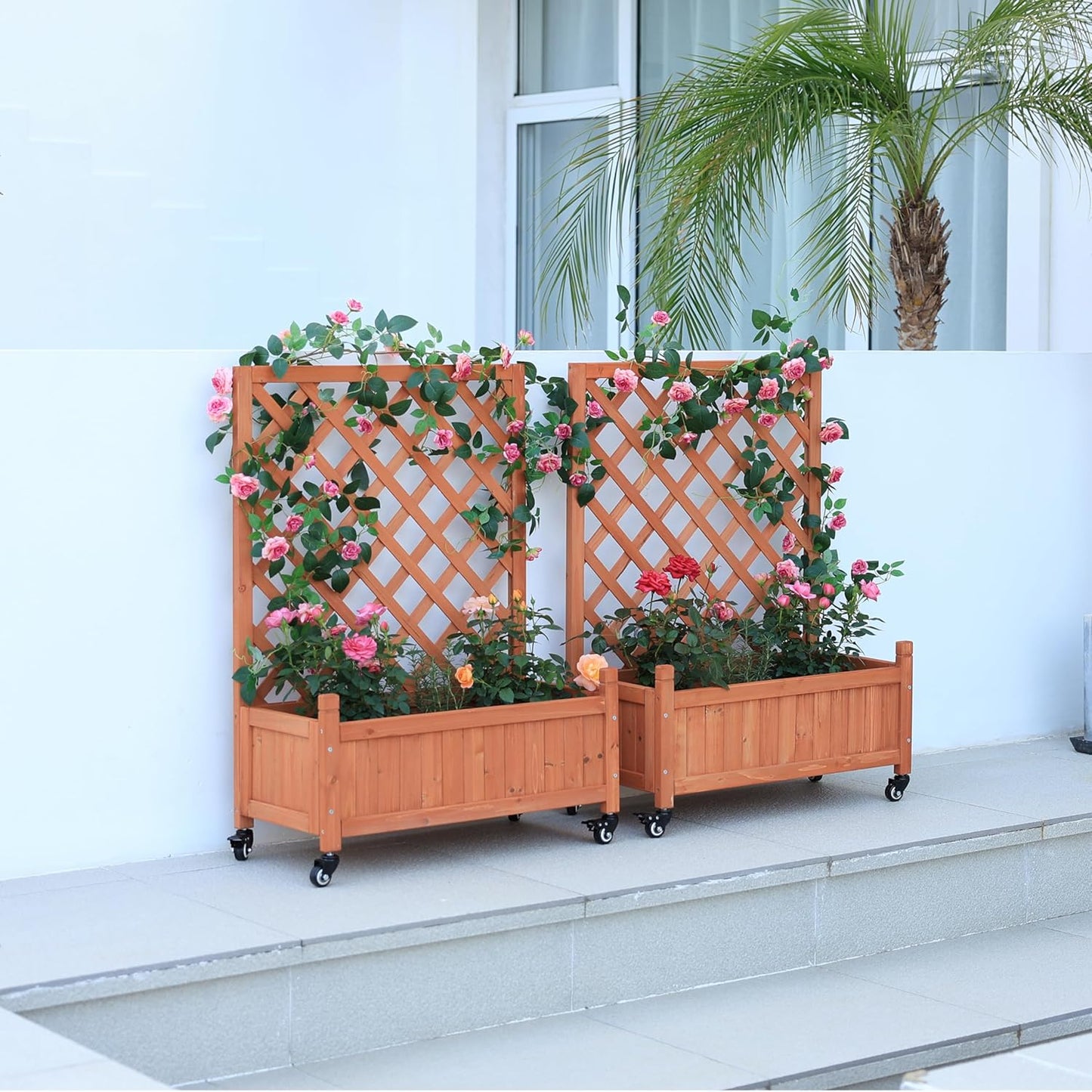 2 Pcs Wooden Planter Boxes with Trellis: Four Universal Wheels for Easy Mobility, 37.6" H x 27.5" W x 13" D,Perfect for Outdoor Climbing Plants on Patios, Balconies & Gardens