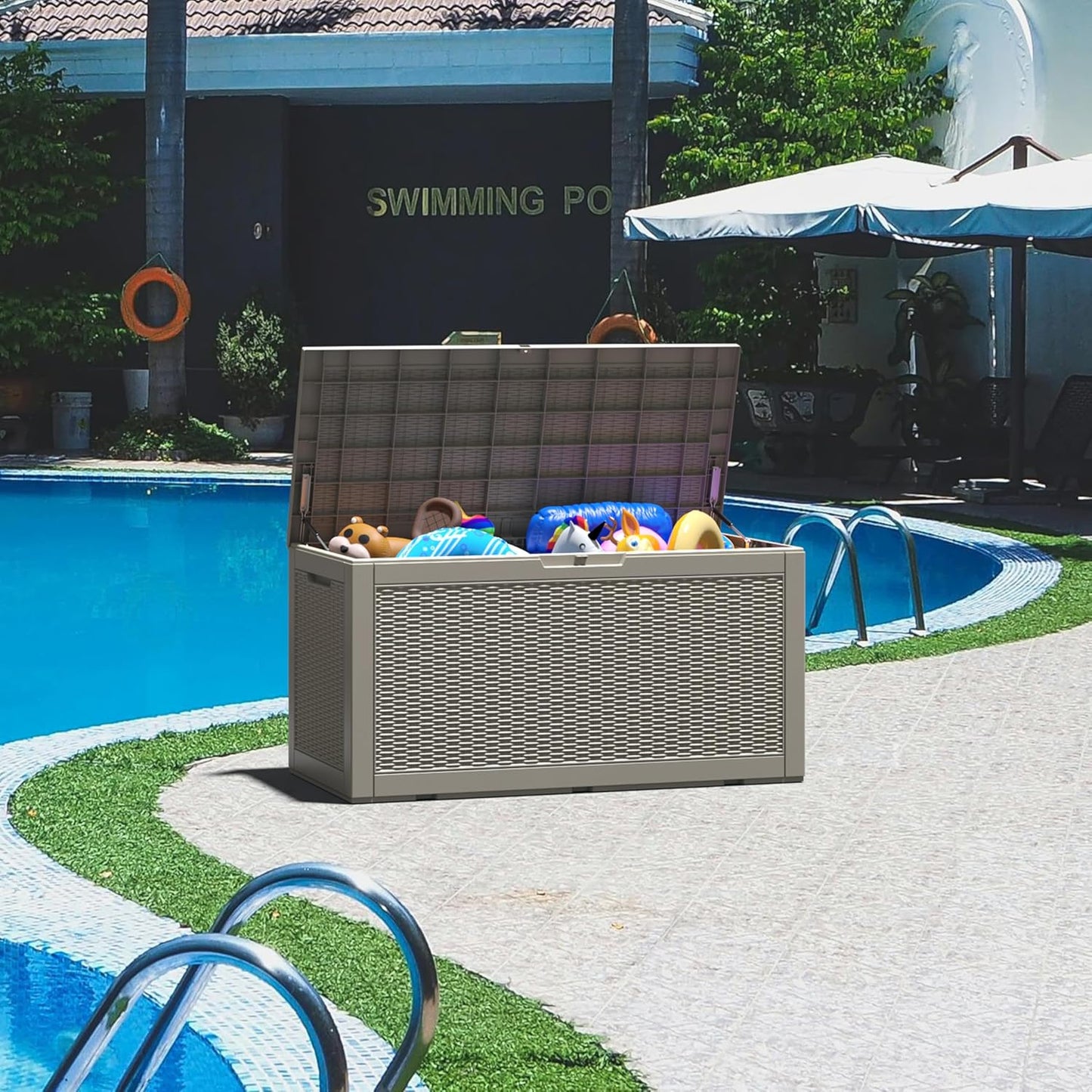 Outdoor Storage Box, Resin Deck Boxes Indoor and outdoor, Waterproof Storage Box Lockable Lid (Grey, 120 Gallon)