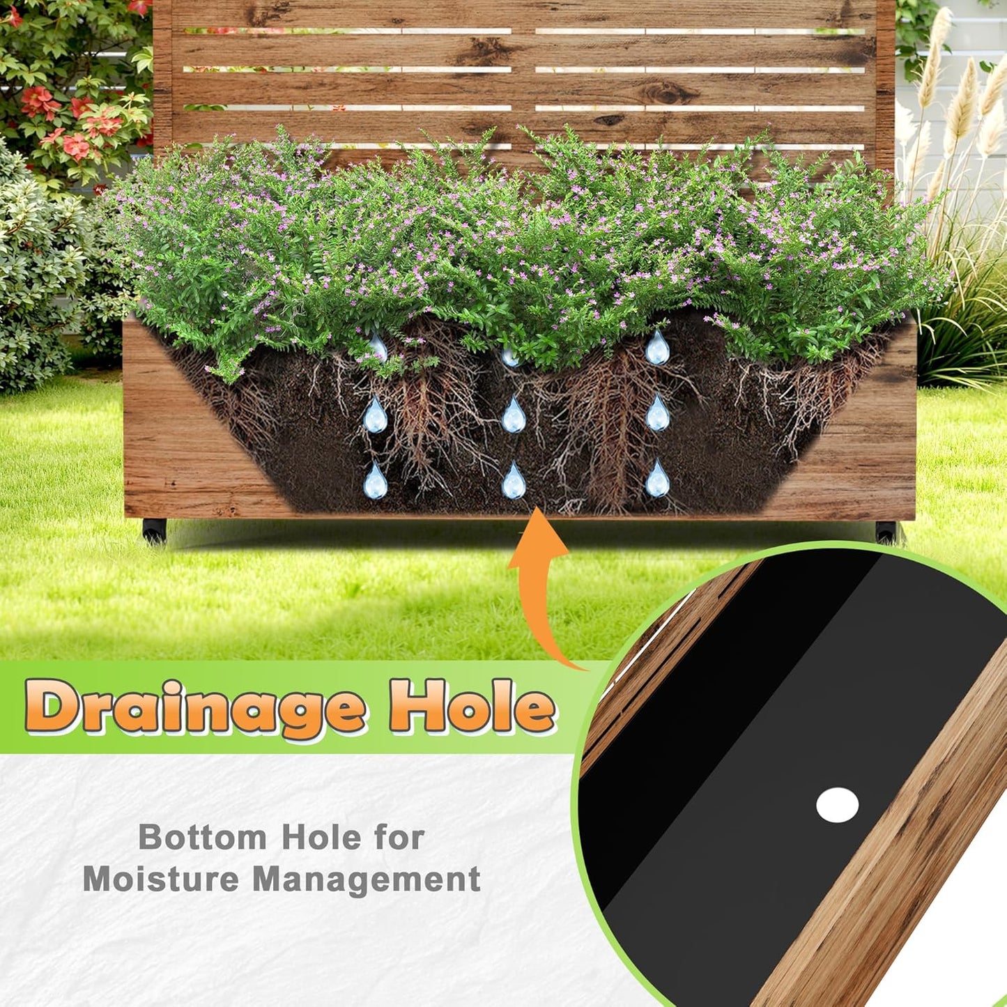 Metal Raised Garden Bed with Trellis, 2-in-1 Planter Box & Privacy Screen for Climbing Plants, Outdoor Standing Flower Bed with Drainage Holes, 47.2" L x 16.7" W x 70.8" H, Natural Wood Grain