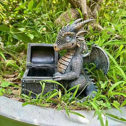Garden Dragon Statue Solar Powered Outdoor Figurine Light Decor Cute and Hold Glowing Treasure Chest Resin Sculpture Home Decoration for Porch Patio Lawn Farm Yard Housewarming Ornament Gift