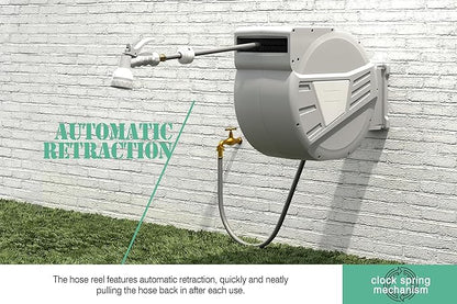 Blütezeit Retractable Garden Hose Reel 5/8'' x 100 ft, Heavy Duty Hose Reel Wall Mount with 3/4''GHT Brass Fitting, Automatic Slow Rewind, Any Length Lock, 180° Swivel, 9 Function Hose Nozzle