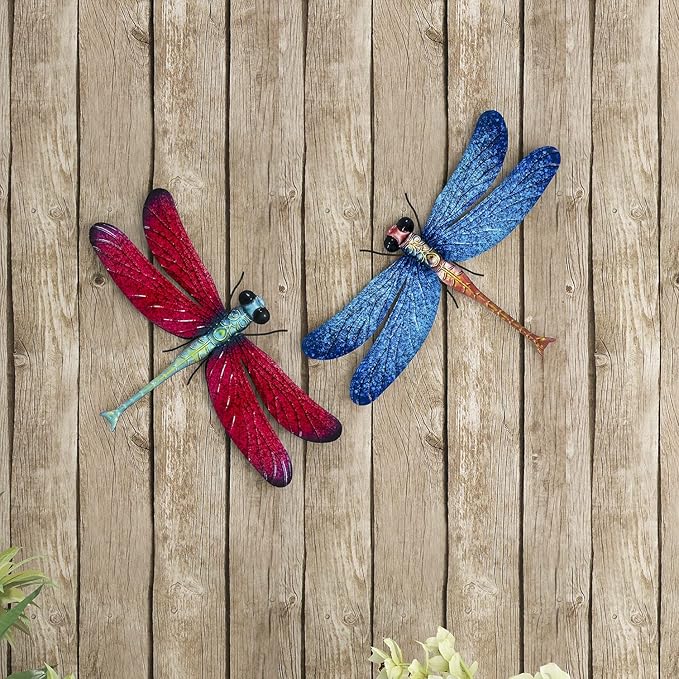 Metal Dragonfly Garden Art Decorations,-17.5 inches Outdoor Hanging Wall Decor Sculptures for Home Garden Yard (2 pack) dragon flies for garden