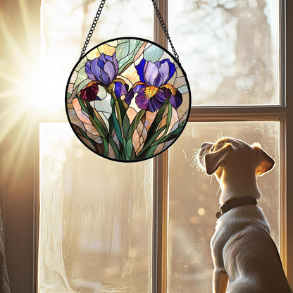 Stained Glass Window Hanging, Purple Blue Iris Birth Flower Suncatcher for Doors Garden Yard Sun Catchers Decor Christmas Mother's Day Birthday Gifts for Teacher Women Mom Nana Wife 7.8 in
