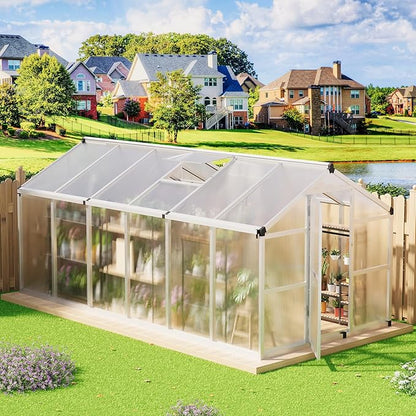 8x12 FT Polycarbonate Greenhouse with Roof Vent - Large Aluminum Walk-in Greenhouse Kit for Gardening, Backyard, Patio, Lawn - Easy Assembly
