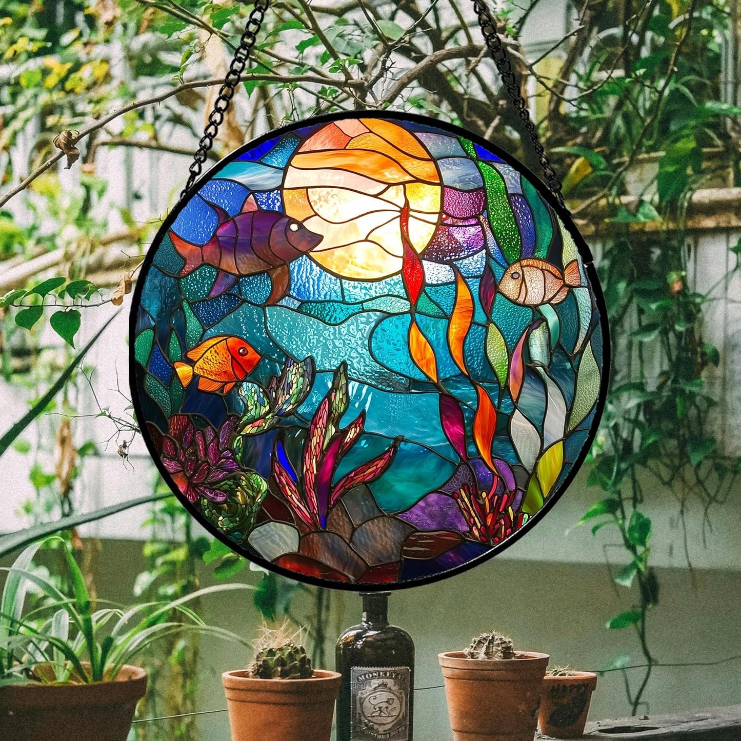 Stained Glass Window Hanging - Blue Ocean World Small Fish Coral Sun Catcher for Door Garden Home Decor Sea Suncatcher Christmas Mother's Day Birthday Gifts for Women Men Mom Nana 9.8 in