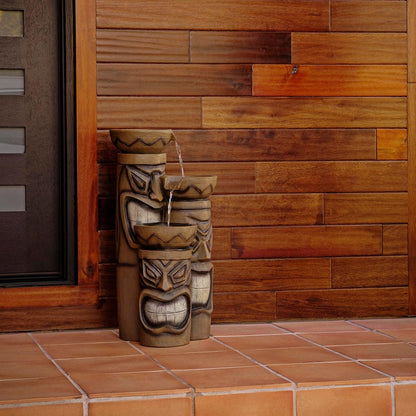 Alpine Corporation GIL838 Outdoor Floor 3-Tiered Soothing Polynesian Tiki Head Bowl Waterfall Fountain, 29", Brown