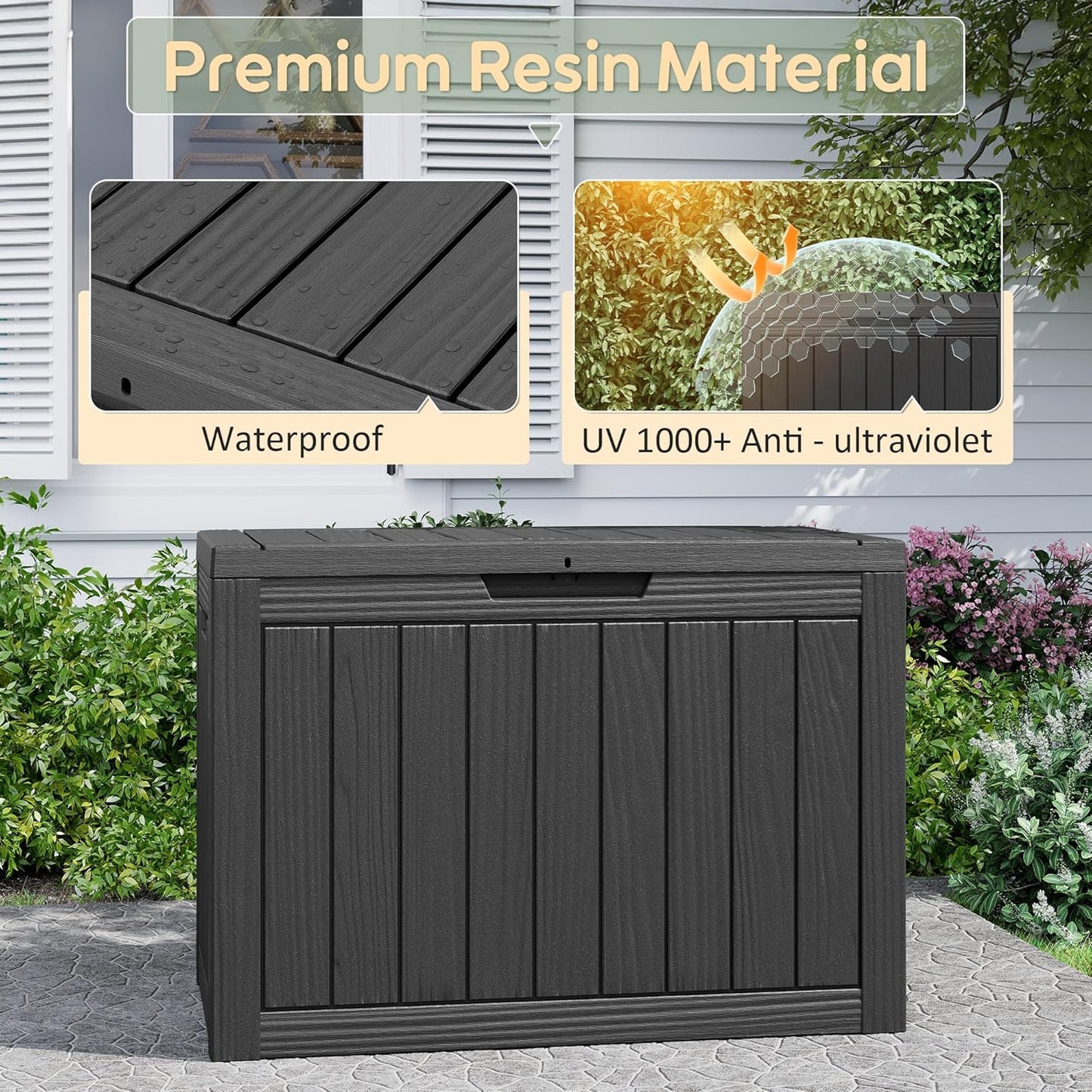 Outdoor Storage Box, Resin Deck Boxes Indoor and outdoor, Waterproof Storage Box Lockable Lid (Black, 45 Gallon)