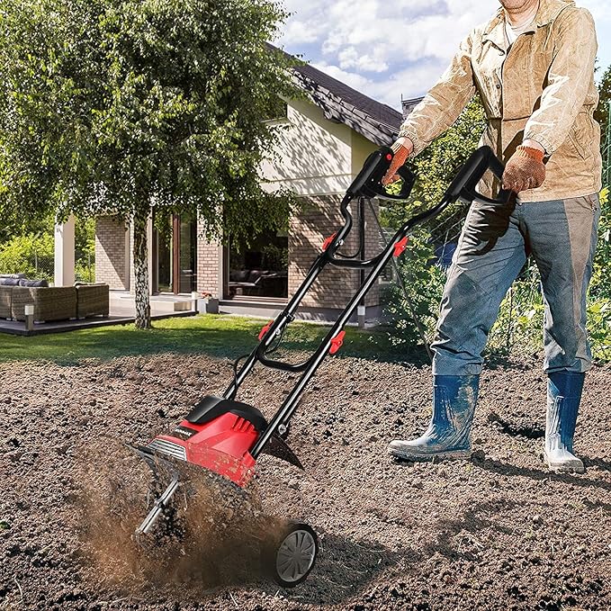 GRAFFY 10 Amp Electric Garden Tiller, Rototillers Tool with 14 Inch Tilling Width & 9 Inch Working Depth, Corded Electric Tiller and Cultivator for Garden, Lawn, Digging, Weed Removal