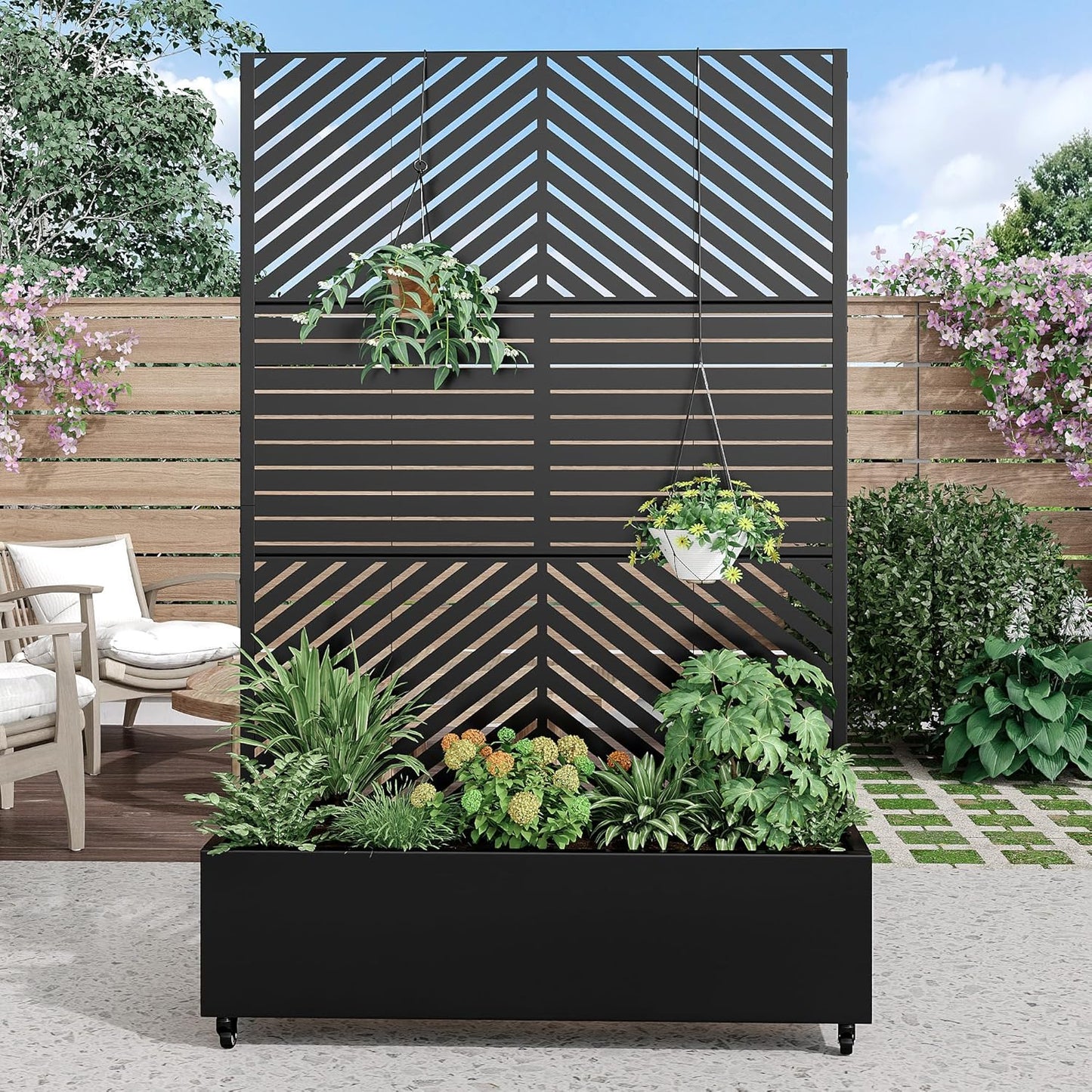 Casaphoria Metal Raised Garden Bed with Trellis and Wheels, 72"x47"x16" Planter Box for Climbing Plants, Vegetables & Vines, Features Drainage Holes and Privacy Screen, Black(Parallel&Louvered)