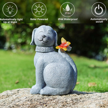 Solar Garden Statue Dog Figurine- Garden Art with Butterfly Light, Art Dog Sculpture for Patio,Balcony,Yard, Lawn-Unique Housewarming Gift for Mom Grandma