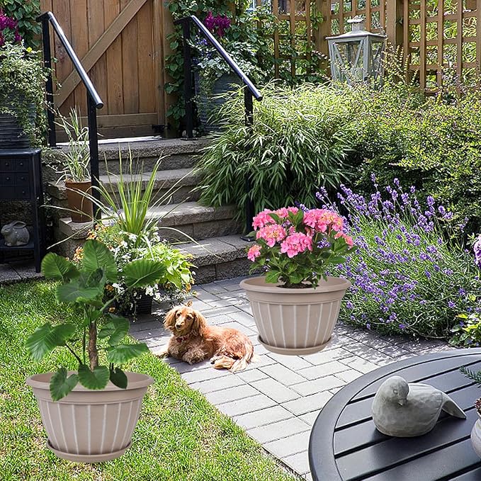 FGstyle 4 Pack 16 inch Plant Pots, Retro Vertical Stripe Planters with Drainage Holes and Saucer, Sturdy Plastic Garden Flower Pots for Indoor & Outdoor Plants(Beige)