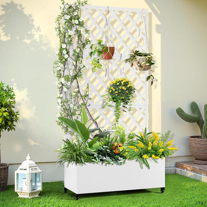 Metal Planter Trellis Box with Wheels & Drain Plug Outdoor Raised Garden Bed Patio Privacy Screen with Planter for Climbing Plants, Vegetables 73"x35"x16" White-Diamond