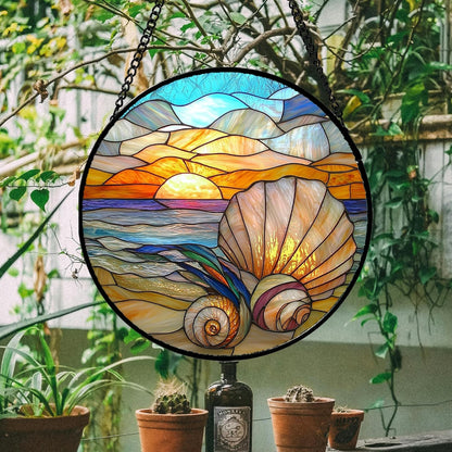 Stained Glass Window Hanging - Colorful Beach Shells Conch Sun Catcher for Door Home Decor Ocean Suncatcher Christmas Mother's Day Birthday Sea Lover Gifts for Women Men Mom Nana 15 in