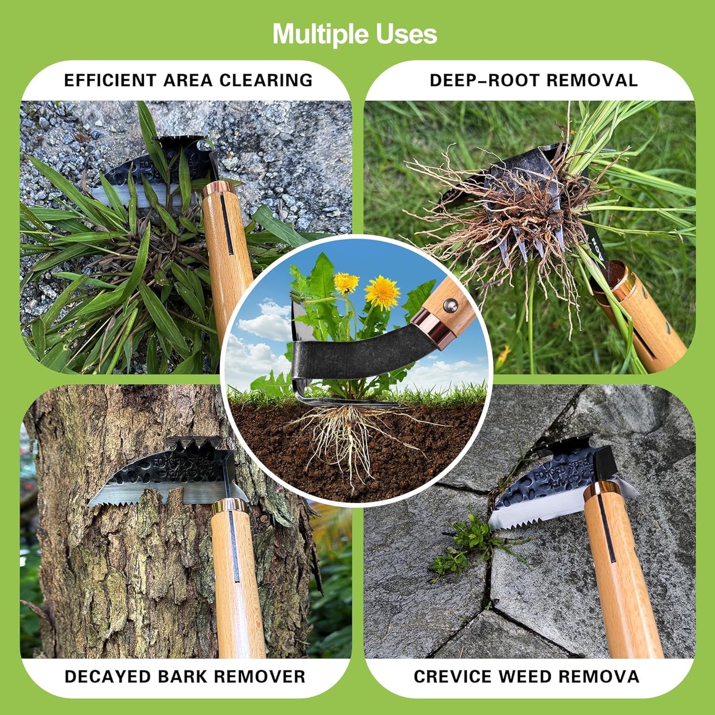 AON All-Purpose Japanese Weeding Sickle & Razor Hand Hoe, Forged Steel Weed Puller Tool with Sharp Edge & 4-Tine for Digging, Weeding, Uprooting in Vegetable Gardening, Backyard or Raised Garden Beds