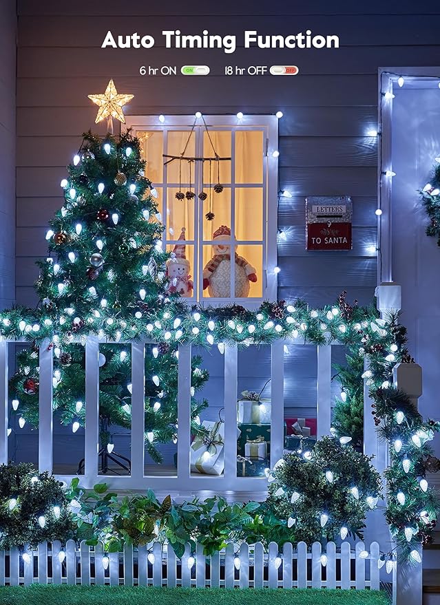 Brightown C9 Christmas Lights Outdoor, 114FT 150 LED Pure White String Lights with Timer, 8 Modes, Plug-in UL Listed Waterproof Connectable Christmas Tree Lights for House, Roof, Garden, Patio Decor