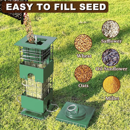 Squirrel Proof Bird Feeder, 3LBS Large Capacity Hanging Bird Feeders with Weight-Activated Perches for Outdoors, Metal Wild Birdfeeder for Blue Jay, Cardinal, Outside (Green)