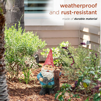 Alpine Corporation 12" Tall Welcome Outdoor Garden Gnome Yard Statue Decoration