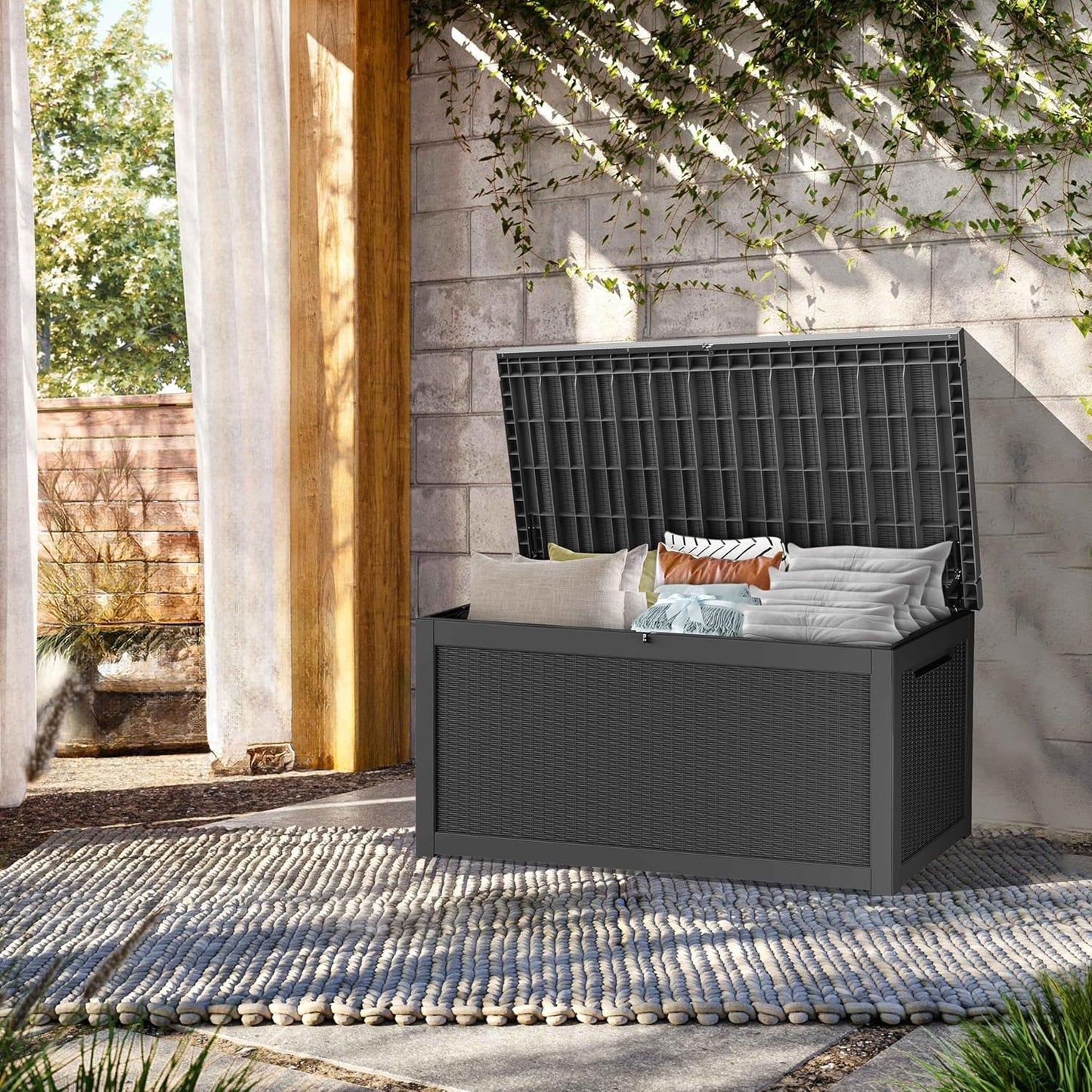 TARKARI 320 Gallon Lockable Resin Deck Box, Waterproof & UV-Resistant Outdoor Storage Box for Outdoor Cushion Storage, Garden Tools & Pool Accessories Storage, Black