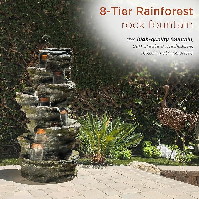 Alpine Corporation WIN1146 Outdoor Floor Cascading 8 Tiered Rock Garden Water Fountain with LED Lights, 58", Gray
