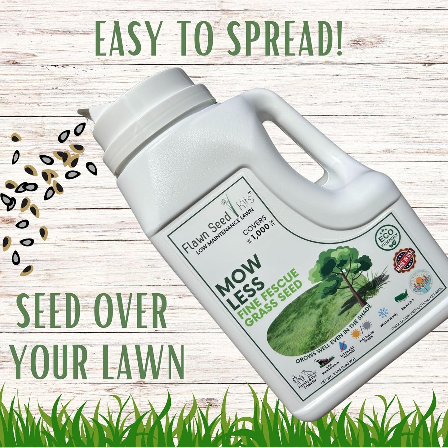 Flawn Seed Kits Mow Less Fine Fescue Grass Seed, Low Maintenance Lawn, Easy Spread Shaker Jug with Handle, 2 Lbs Covers up to 1000 Sqft