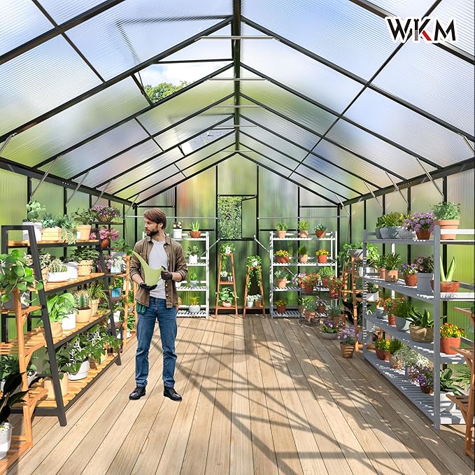 WKM 10x16 FT Greenhouse for Outdoors, Polycarbonate Greenhouse with Roof Vent and Quick Setup Structure, Enhanced Aluminum Greenhouse for Garden Backyard, Black