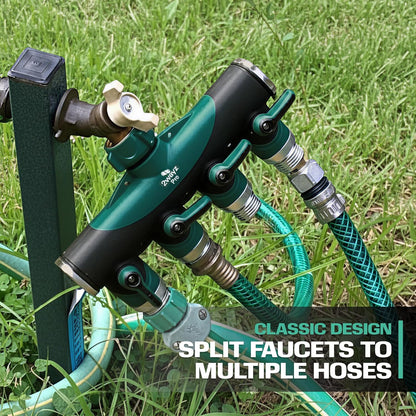 Garden Hose Splitter 4 Way - Heavy Duty Water Hose Manifold with Shut-Off Valves - Outdoor Faucet Divider and Spigot Connector for Garden, Lawn, or Patio Use - Durable Brass Pipe Splitter - Classic