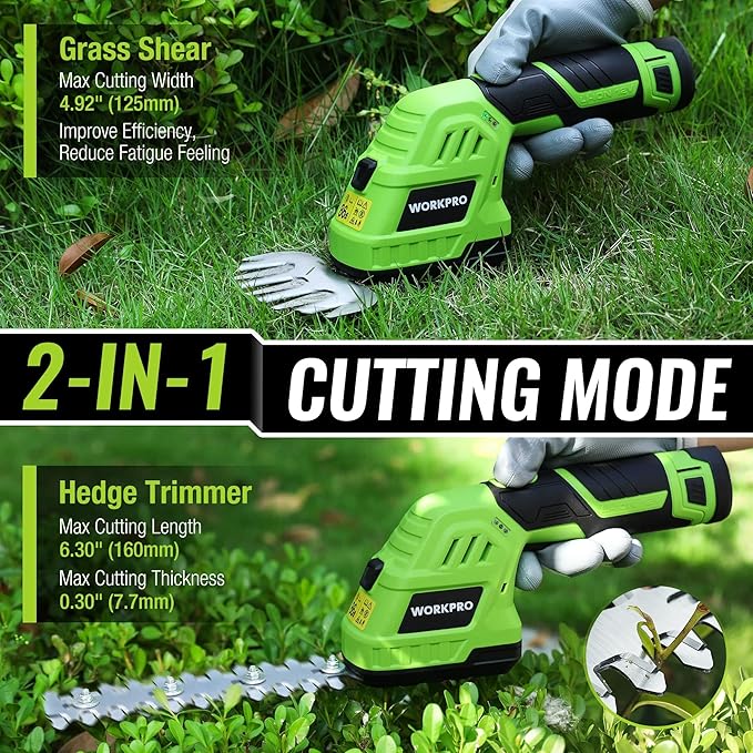 WORKPRO 12V Cordless Grass Shear & Shrubbery Trimmer - 2 in 1 Handheld Hedge Trimmer, Electric Grass Cutter with 2.0Ah Rechargeable Lithium-Ion Battery & 1 Hour Fast Charger