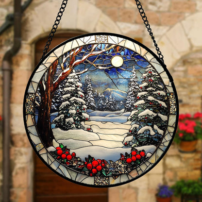 Stained Glass Window Hanging Christmas Tree Winter Snow Night Scenery Large 11.8" - Suncatcher Door Garden Kitchen Sun Catcher Home Decor Birthday for Mom Men Woman Friend