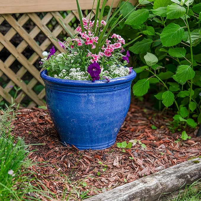 Sunnydaze Large Ceramic Plant Pot - Round Outdoor Glazed Ceramic Planter Pot with Drainage - Studio - Imperial Blue - 14.5"